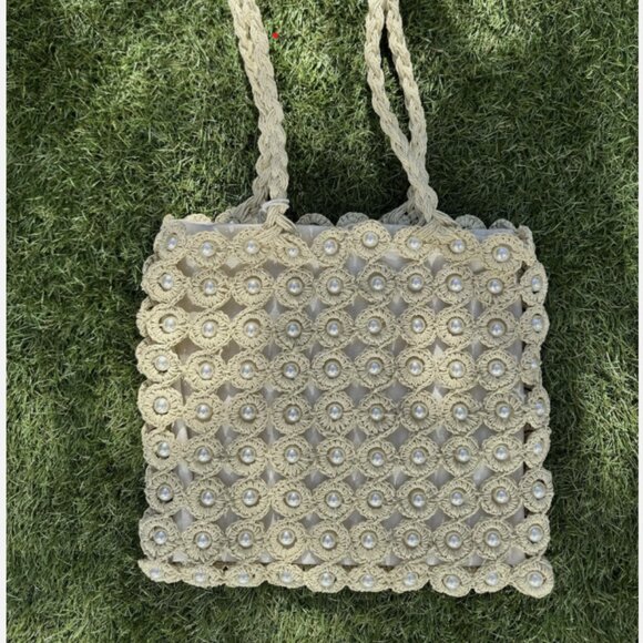 Haute Hippie Handbags - Haute Hippie Style Handwoven Double Handle Straw Raffia Pearl Embellished Tote
